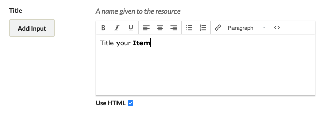 Item element with Use HTML box ticked
