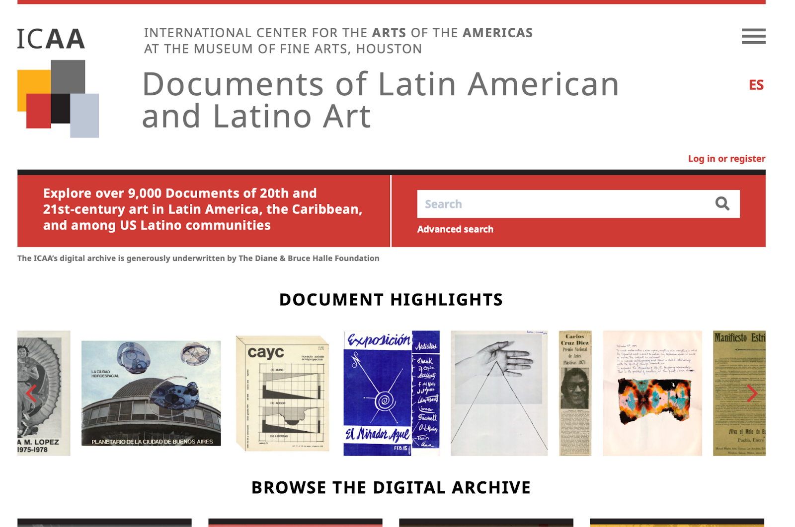 Screenshot of International Center for the Arts of the Americas Documents Project site